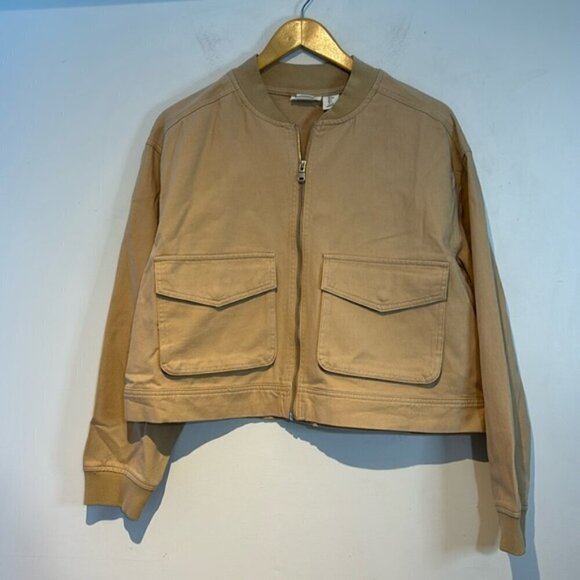 Nicole Miller New York tan/camel 100% cotton cropped denim zip jacket size L NWT - Picture 3 of 11